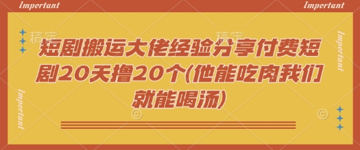 短剧搬运大佬经验分享付费短剧20天撸20个(他能吃肉我们就能喝汤)-陈泽网创-资源网-最新项目分享网