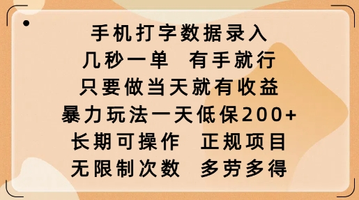 手机打字数据录入，几秒一单，有手就行，只要做当天就有收益，暴力玩法一天低保2张-陈泽网创-资源网-最新项目分享网