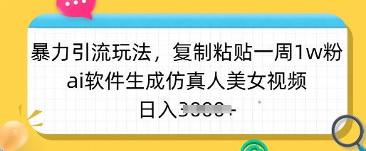 暴力引流玩法，复制粘贴一周1w粉，ai软件生成仿真人美女视频，日入多张-陈泽网创-资源网-最新项目分享网