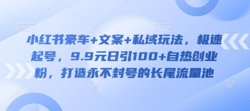 小红书豪车+文案+私域玩法，极速起号，9.9元日引100+自热创业粉，打造永不封号的长尾流量池-陈泽网创-资源网-最新项目分享网