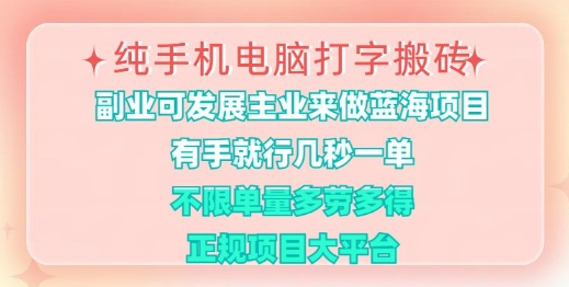 纯手机电脑打字搬砖，有手就行，几秒一单，多劳多得，正规项目大平台【揭秘】-陈泽网创-资源网-最新项目分享网