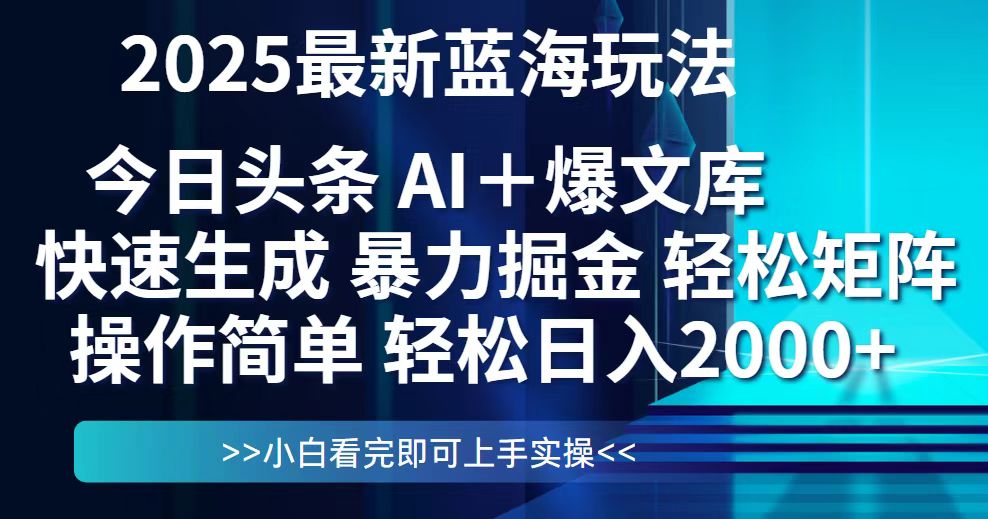 今日头条2025最新蓝海玩法，思路简单，复制粘贴，轻松实现矩阵日入2000+-陈泽网创-资源网-最新项目分享网