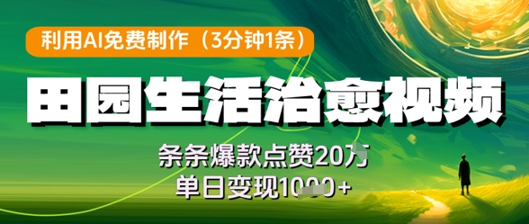 利用AI免费制作田园生活治愈视频，条条爆款点赞20W，单日变现几张-陈泽网创-资源网-最新项目分享网