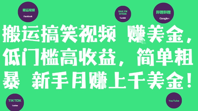 搬运搞笑视频挣美金，低门槛高收益，简单粗暴新手月入上千美刀-陈泽网创-资源网-最新项目分享网