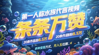第一人称水族代言视频，条条万赞，20条作品涨粉7.8W，多种变现方式月入五位数-陈泽网创-资源网-最新项目分享网