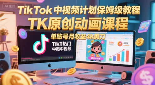 TikTok中视频计划保姆级教程，TK原创动画课程，单账号月收益4k美刀-陈泽网创-资源网-最新项目分享网