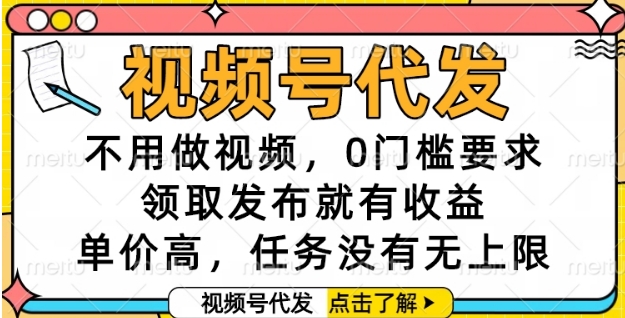 视频号代发，不用做视频，0门槛要求，领取发布就有收益，单价高，任务没有无上限【揭秘】-陈泽网创-资源网-最新项目分享网